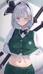Rule 34 | 1girl, 258n, absurdres, black hairband, black ribbon, blue eyes, blush, breasts, buttons, closed mouth, clothes lift, collared shirt, green skirt, green vest, grey hair, hair ribbon, hairband, highres, hitodama, katana, konpaku youmu, konpaku youmu (ghost), large breasts, lifted by self, looking at viewer, navel, one eye closed, ribbon, sheath, shirt, shirt lift, short hair, skirt, solo, sword, touhou, vest, weapon, white shirt