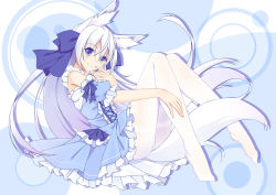 Rule 34 | 1girl, animal ears, bad id, bad pixiv id, blush, detached sleeves, dress, frilled dress, frills, fringe trim, full body, graphite (medium), hair between eyes, lingsexuanlv, long hair, looking at viewer, no shoes, original, puffy sleeves, simple background, smile, solo, tail, traditional media, very long hair, white hair, white legwear