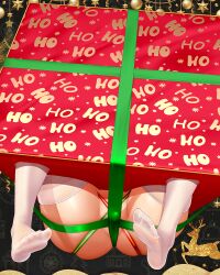 Rule 34 | 1girl, ass, bdsm, bondage, bottomless, bound, box, cameltoe, christmas, gift, gift box, head out of frame, highres, in box, in container, legs, lower body, lucknight, original, ribbon, solo, stuck, thighhighs, through wall, white thighhighs