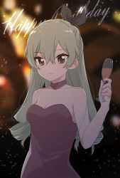 Rule 34 | 1girl, alternate hairstyle, anchovy (girls und panzer), artist request, breasts, cleavage, cup, dress, drill hair, drinking glass, formal, girls und panzer, green hair, hair ribbon, happy birthday, highres, long hair, looking at viewer, medium breasts, ribbon, shirt, simple background, solo, white shirt