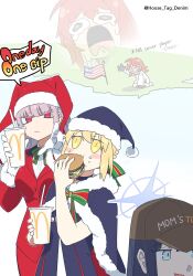 Rule 34 | ahoge, american flag, artoria pendragon (all), artoria pendragon (fate), baseball cap, black gloves, black hair, black santa costume, blonde hair, blue archive, blue eyes, blush, braid, breasts, burger, cape, christmas, costume combination, cup, disposable cup, dress, drinking straw, eating, fate/grand order, fate (series), florence nightingale (fate), florence nightingale (santa) (fate), food, fujimaru ritsuka (female), fujimaru ritsuka (female) (decisive battle chaldea uniform), fur-trimmed cape, fur-trimmed headwear, fur trim, gloves, halo, hat, highres, holding, house tag denim, jacket, large breasts, long hair, long sleeves, looking at viewer, mcdonald&#039;s, mom&#039;s touch, multiple girls, no mask, official alternate costume, orange eyes, orange hair, pink hair, red eyes, red hat, ribbon, saber alter, santa alter, santa costume, santa hat, saori (blue archive), short hair, solo, striped ribbon, united states, white dress, white gloves, white jacket, yellow eyes