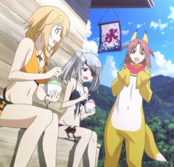 Rule 34 | 3girls, animal ears, beach, bikini, blonde hair, brown hair, charlotte dunois, cosplay, eating, eyepatch, food, fox tail, fruit, grey hair, infinite stratos, jewelry, laura bodewig, multiple girls, navel, necklace, nohotoke honne, open mouth, screencap, shaved ice, spoon, stitched, swimsuit, tail, third-party edit, twintails, watermelon