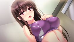 Rule 34 | 1girl, aldehyde, blush, breasts, brown hair, collarbone, crop top, covered erect nipples, female focus, game cg, hand on own chest, large breasts, long hair, looking at viewer, midriff, nama love, navel, oct works (company), open mouth, pink eyes, red eyes, solo, sports bra, toono mafuyu, upper body