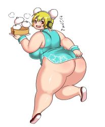 Rule 34 | 1girl, ass, blonde hair, blush, breasts, brown eyes, china dress, chinese clothes, dress, fat, headphones, huge ass, huge breasts, jewelry, kjmvideo, looking at viewer, looking back, necklace, nitroplus, open mouth, short hair, smile, solo, star (symbol), super pochaco, swimsuit, thick thighs, thighs, wide hips