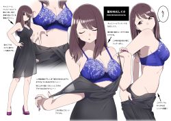 Rule 34 | 1girl, :o, arrow (symbol), blue bra, bra, bra peek, breasts, brown eyes, brown hair, cleavage, closed eyes, closed mouth, clothes pull, collarbone, dress, dress pull, embroidered bra, full body, hand on own hip, high heels, kuro (toi et moi), light blush, long hair, looking at viewer, medium breasts, nail polish, navel, open mouth, original, pink footwear, simple background, sleeveless, sleeveless dress, smile, speech bubble, translation request, underwear, undressing, white background