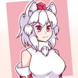 Rule 34 | 1girl, animal ears, bare shoulders, blush, breasts, detached sleeves, hat, inubashiri momiji, large breasts, mountain of faith, neferkitty, pom pom (clothes), red eyes, ribbon-trimmed sleeves, ribbon trim, shirt, short hair, sleeveless, sleeveless shirt, solo, tokin hat, touhou, turtleneck, white hair, white shirt, wolf ears, wolf girl