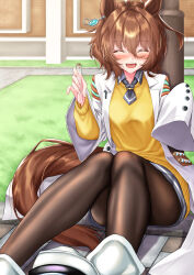 Rule 34 | 1girl, absurdres, agnes tachyon (umamusume), ahoge, animal ears, bandolier, black necktie, black pantyhose, blush, brown hair, closed mouth, commentary request, earrings, grass, hair between eyes, highres, holding, holding test tube, horse ears, horse girl, horse tail, jewelry, knees up, looking at viewer, manu lee, necktie, outdoors, pantyhose, red eyes, short hair, single earring, sitting, sleeves past fingers, sleeves past wrists, smile, solo focus, sweater vest, tail, test tube, translation request, umamusume, very long sleeves, white footwear, yellow sweater vest
