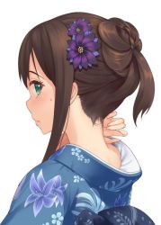 Rule 34 | 10s, 1girl, bad id, bad twitter id, blush, brown hair, close-up, expressionless, floral print, folded hair, from behind, from side, green eyes, idolmaster, idolmaster cinderella girls, japanese clothes, kimono, looking at viewer, looking back, nape, ponytail, profile, shibuya rin, short hair, sidelocks, simple background, solo, sweatdrop, tamakaga, upper body, white background