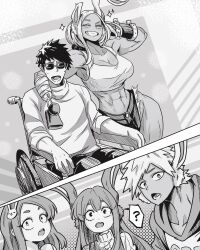 2boys 3girls ? abs absurdres amputee animal_ears arm_around_shoulder arm_behind_head asymmetrical_ears bandages boku_no_hero_academia breasts camisole cleavage commentary_request couple crop_top crossover dark-skinned_female dark_skin deltoids double_amputee family good_end greyscale grin happy hetero highres if_they_mated implied_after_sex large_breasts medium_hair mirko monochrome multiple_boys multiple_girls mumen_rider muscular muscular_female notched_ear one-punch_man prosthesis prosthetic_hand rabbit_ears rabbit_girl siblings sleeves_rolled_up smile spanish_commentary spoken_question_mark stump_cover sunglasses sweater thick_thighs thighs turtleneck turtleneck_sweater vlizz vlizzyvlizz117 wheelchair wide_hips