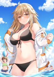 Rule 34 | 4girls, arms up, ball, bikini, blonde hair, blue sky, breasts, brown hair, commentary request, green bikini, hair ornament, highres, holding, holding ball, jacket, komori kuzuyu, long hair, looking at viewer, medium breasts, multiple girls, navel, original, outdoors, partially submerged, short hair, sky, swimsuit, water, white jacket, x hair ornament, yellow eyes