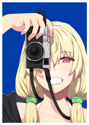 Rule 34 | 1girl, akino sora, arm up, bare shoulders, black jacket, blonde hair, blue background, blush, camera, collarbone, commentary request, fingernails, fujifilm, grin, hair between eyes, hair over shoulder, highres, holding, holding camera, jacket, long hair, low twintails, off shoulder, one eye covered, original, red eyes, smile, solo, twintails, upper body