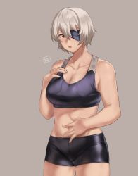 Rule 34 | 1girl, black sports bra, breasts, cleavage, cowboy shot, eyepatch, grey background, grey hair, hand on own chest, highres, hunyan, large breasts, midriff, navel, open mouth, original, shadow, short hair, short shorts, shorts, simple background, solo, sports bra