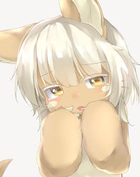 Rule 34 | 1girl, animal ears, blush, claws, furrowed brow, furry, furry female, hands on own face, horizontal pupils, made in abyss, nanachi (made in abyss), neko pachi, open mouth, rabbit ears, red pupils, short hair, solo, tail, topless, whiskers, white hair, yellow eyes
