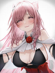 Rule 34 | 1girl, absurdres, animal ears, arknights, bare shoulders, blush, braid, breasts, cleavage, closed mouth, flower, gradient background, grey background, hair ornament, heart, heart-shaped pupils, highres, large breasts, long hair, looking at viewer, parted bangs, pink eyes, pink hair, pozyomka (arknights), red flower, red rose, rose, smile, solo, sweat, symbol-shaped pupils, tab head