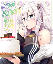 Rule 34 | 1girl, ahoge, animal ear fluff, animal ears, bare shoulders, black jacket, black nails, black shirt, cake, cleavage, commentary request, dated, ear piercing, floral background, food, food on face, food on hand, fruit, fur-trimmed jacket, fur trim, grey eyes, hair between eyes, hands up, happy birthday, holding, hololive, jacket, licking, licking finger, lion ears, long hair, long sleeves, looking away, makishima rin, nail polish, off shoulder, piercing, see-through, see-through cleavage, shirt, shishiro botan, shishiro botan (1st costume), silver hair, sleeveless, sleeveless shirt, sleeves past wrists, solo, strawberry, tongue, tongue out, upper body, virtual youtuber