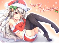 Rule 34 | 1girl, ;d, animal ears, azur lane, bandeau, bare shoulders, bell, black thighhighs, blush, bow, breasts, christmas, collarbone, commentary request, ears through headwear, elbow gloves, fang, fur-trimmed gloves, fur-trimmed headwear, fur-trimmed shorts, fur trim, gloves, green bow, grey hair, hair bell, hair between eyes, hair bow, hair ornament, hat, head tilt, holding, holding sack, large breasts, long hair, looking at viewer, merry christmas, midriff, moeki yuuta, navel, no shoes, one eye closed, open mouth, purple eyes, red-framed eyewear, red bandeau, red hat, red shorts, sack, santa costume, santa gloves, santa hat, shorts, smile, solo, star (symbol), thick eyebrows, thighhighs, toe scrunch, very long hair, wolf ears, yuudachi (azur lane)