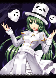 Rule 34 | 1girl, alternate color, aura, black bow, bow, breasts, character print, commentary request, cowboy shot, cross, cross necklace, dress, frilled sleeves, frills, ghost, green eyes, green hair, grey dress, hat, hat bow, high priest (ragnarok online), jewelry, juliet sleeves, long hair, long sleeves, looking at viewer, medium breasts, miya (chocolate holic), necklace, open mouth, petticoat, puffy sleeves, ragfes, ragnarok online, sash, smile, top hat, tree, two-tone dress, whisper (ragnarok online), white bow, white dress, white sash