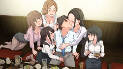 Rule 34 | 1boy, 5girls, arm support, barefoot, black hair, blue eyes, blue neckwear, blush, bowl, breasts, brown hair, chopsticks, cleavage, closed eyes, cup, drinking glass, feet, food, glasses, happy, harem, highres, holding, holding bowl, holding chopsticks, indoors, kiss, kneeling, large breasts, legs, light brown hair, long hair, looking at another, mug, multiple girls, necktie, nymphomatic city, office lady, open mouth, original, panties, pantyhose, pantyshot, red eyes, short hair, sitting, skirt, small breasts, smile, table, thighs, touji (tj studio), underwear