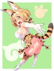 Rule 34 | 10s, 1girl, :d, animal ears, belt, blonde hair, blush, commentary request, elbow gloves, extra ears, full body, gloves, green background, hair between eyes, high-waist skirt, highres, japari symbol, kemono friends, looking at viewer, looking back, no panties, onsoku inu, open mouth, outstretched arms, partial commentary, print neckwear, print skirt, print thighhighs, serval (kemono friends), serval print, serval tail, short hair, skindentation, skirt, smile, solo, tail, thighhighs, white footwear, white gloves, white thighhighs, yellow eyes, yellow neckwear, yellow skirt, yellow thighhighs