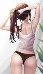Rule 34 | 1girl, arms up, ass, bare arms, black hair, black panties, blouse, cowboy shot, facing away, from behind, highres, kottungyang, long hair, mole, mole on ass, mole on neck, multicolored hair, no pants, original, panties, ponytail, purple hair, shirt, sleeveless, sleeveless shirt, solo, standing, streaked hair, tank top, thighs, tying hair, underwear, white shirt, white tank top