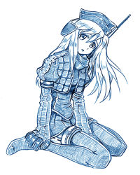 Rule 34 | 10s, 1girl, bbb (friskuser), blue theme, bodysuit, collar, commentary request, cropped jacket, diving suit, garrison cap, gloves, hat, head tilt, headgear, kantai collection, long hair, looking at viewer, military, military uniform, monochrome, open mouth, simple background, sitting, sketch, smile, snorkel, solo, thighhighs, u-511 (kancolle), uniform, wariza, wetsuit, white background