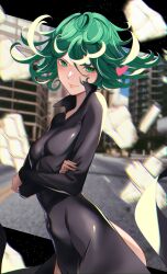 Rule 34 | 1girl, black dress, breasts, closed mouth, collared dress, commentary, covered navel, crossed arms, curly hair, dress, english commentary, green eyes, green hair, highres, long sleeves, looking at viewer, one-punch man, short hair, side slit, small breasts, solo, tatsumaki, wanderstillart