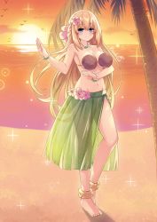 Rule 34 | 1girl, alternate costume, anklet, armband, artist name, bare arms, bare shoulders, beach, binato lulu, bird, blonde hair, blue eyes, blush, braid, breasts, cloud, cloudy sky, coconut bra, collarbone, commentary request, commission, dusk, floating hair, flower, french braid, hair between eyes, hair flower, hair ornament, jewelry, knee up, large breasts, long hair, looking at viewer, navel, necklace, neptune (series), ocean, outstretched arm, palm tree, sarong, see-through, sky, smile, solo, sparkle, sun, tree, vert (neptunia)