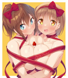 Rule 34 | 2girls, :d, blue eyes, blush, bow, breast press, breasts, brown hair, christmas, collarbone, commentary, eyes visible through hair, food, fruit, hair between eyes, hair bow, highres, kazuma (kazumav), large breasts, looking at viewer, merry christmas, multiple girls, naked ribbon, open mouth, original, ponytail, red bow, red ribbon, ribbon, short hair, smile, strawberry, symmetrical docking, upper body, yellow eyes