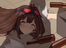 Rule 34 | 1girl, act (xadachit), alcohol, apu spills his tendies (meme), beer, beer bottle, blush, box, brown hair, commentary, english commentary, floor, girls&#039; frontline, girls&#039; frontline 2: exilium, goggles, goggles on head, highres, long hair, looking at viewer, looking up, lying, mayling shen (girls&#039; frontline 2), meme, on stomach, one side up, shadow, solo, spill, tearing up, tile floor, tiles, upper body, yellow eyes