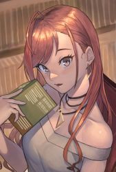 Rule 34 | 1girl, ahoge, arisugawa natsuha, bare shoulders, blush, book, collarbone, earrings, highres, holding, holding book, idolmaster, idolmaster shiny colors, jewelry, konoike (pepe expect), long hair, looking at viewer, necklace, nose blush, off-shoulder shirt, off shoulder, orange hair, shirt, solo, triangle earrings, upper body