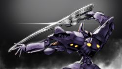 Rule 34 | black background, from behind, highres, holding, holding sword, holding weapon, kawasemi alter, mecha, muv-luv, muv-luv alternative, no humans, open hand, robot, science fiction, smoke, solo, sword, tactical surface fighter, type 00 takemikazuchi, weapon