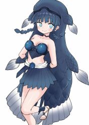 Rule 34 | 1girl, arms behind back, bare shoulders, blue bow, blue bowtie, blue eyes, blue hair, blue shirt, blue skirt, blush, bow, bowtie, braid, coelacanth (kemono friends), earthisfire, fins, fish girl, fish tail, gauntlets, head fins, highres, kemono friends, long hair, looking at viewer, midriff, navel, pleated skirt, sandals, shirt, sidelocks, skirt, smile, solo, standing, standing on one leg, tail, twin braids