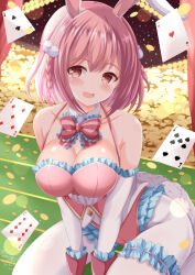 Rule 34 | 1girl, :d, ace (playing card), ace of hearts, animal ears, bare shoulders, between legs, blush, bow, braid, breasts, card, cleavage, club (shape), coin, commentary request, detached sleeves, diamond (shape), frilled gloves, frilled sleeves, frills, gloves, hair between eyes, hand between legs, heart, highres, hoshizaki akari, large breasts, leotard, long sleeves, looking at viewer, ongeki, open mouth, pantyhose, pink hair, pink leotard, playboy bunny, playing card, rabbit ears, red eyes, red gloves, smile, solo, spade (shape), striped, striped bow, twin braids, white pantyhose, white sleeves, xenon (for achieve)
