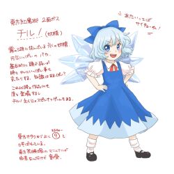 Rule 34 | 1girl, atai, black footwear, blue bow, blue dress, blue eyes, blue hair, bow, character name, circled 9, cirno, collared shirt, dress, embodiment of scarlet devil, full body, hair bow, hands on own hips, highres, ice, ice wings, mary janes, neck ribbon, pinafore dress, puffy short sleeves, puffy sleeves, red ribbon, ribbon, rinui, shirt, shoes, short hair, short sleeves, sleeveless, sleeveless dress, socks, solo, touhou, translation request, wall of text, white shirt, wings