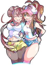 Rule 34 | 2girls, baseball cap, blue eyes, blush, breasts, brown hair, closed eyes, creatures (company), double bun, enpe, game freak, hair bun, hand on another&#039;s head, happy, hat, highres, hilda (pokemon), large breasts, long hair, looking at viewer, low twintails, medium breasts, multiple girls, navel, nintendo, one eye closed, open mouth, pantyhose, pokemon, pokemon bw, pokemon bw2, ponytail, rosa (pokemon), shirt, short shorts, shorts, simple background, single hair bun, skirt, smile, twintails, vest, white background