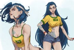 1girl arm_tattoo bare_shoulders blue_hair brazilian_flag brazilian_flag_print brazilian_miku brazilian_miku_(cosplay) breasts cloud_tattoo cosplay dashi_(dashiart) denim denim_shorts flag_print hatsune_miku highres jinx_(league_of_legends) league_of_legends long_hair navel shirt shorts smile tattoo teeth very_long_hair yellow_shirt