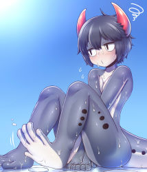 Rule 34 | 1girl, animal hands, between legs, black hair, blue sky, colored skin, day, full body, grey skin, hand between legs, highres, horns, hot, jitome, looking to the side, monster girl, multicolored skin, nude, o3o, original, outdoors, rantana (lalalalackluster), short hair, sitting, sky, solo, tail, water drop, white skin