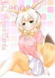 Rule 34 | 10s, 1girl, :3, animal ears, blonde hair, blush, bow, bowtie, breast pocket, character name, extra ears, fennec (kemono friends), fox ears, fox tail, highres, inahori, kemono friends, long hair, miniskirt, pink sweater, pleated skirt, pocket, scientific name, short-sleeved sweater, short sleeves, sitting, skirt, solo, sweater, tail, thighhighs, white skirt, yellow bow, yellow bowtie, yellow thighhighs