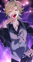 Rule 34 | 1boy, absurdres, belt, black belt, black pants, black shirt, blonde hair, collared shirt, cowboy shot, ear piercing, fingernails, gem, grey vest, hair between eyes, hand on own hip, hand up, highres, hypnosis mic, izanami hifumi, jewelry, long sleeves, looking at viewer, male focus, nail polish, necklace, open mouth, pants, piercing, red gemstone, ring, shiroraba, shirt, short hair, signature, solo, sparkle, teeth, tongue, tongue out, upper teeth only, vest, yellow eyes, yellow nails