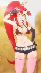 Rule 34 | 1girl, absurdres, armpits, artist name, bikini, bikini top only, breasts, fingerless gloves, gloves, grin, hand on own hip, highres, large breasts, long hair, looking at viewer, midriff, navel, one eye closed, ponytail, red hair, scarf, shorts, smile, solo, swimsuit, tengen toppa gurren lagann, thighs, wink, yellow eyes, yoko littner
