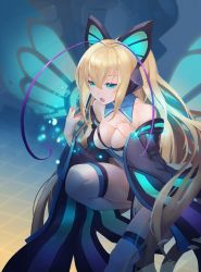 Rule 34 | 1girl, antennae, azure striker gunvolt, bare shoulders, blue eyes, butterfly wings, collarbone, detached collar, detached sleeves, half-closed eyes, hand on own chest, highres, insect wings, johnson zhuang, long hair, lumen (gunvolt), open mouth, solo, thighhighs, wide sleeves, wings