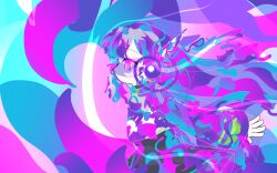 Rule 34 | 1girl, absurdres, aiobahn, android, closed mouth, dress, highres, long hair, multicolored background, non-web source, purple eyes, solo, very long hair, white hair