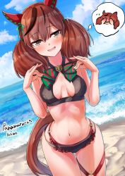 Rule 34 | 1girl, :d, animal ears, artist name, beach, bikini, black bikini, blue sky, blush, breasts, brown eyes, brown hair, commentary request, cowboy shot, day, dutch angle, ear covers, herohero (higashi no dou), highres, horse ears, horse girl, horse tail, long hair, looking at viewer, medium breasts, multicolored hair, navel, nice nature (umamusume), ocean, open mouth, outdoors, sky, smile, solo, standing, swimsuit, tail, thigh gap, thought bubble, twintails, two-tone hair, umamusume