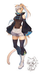 Rule 34 | 1girl, :3, animal ears, aqua eyes, bare shoulders, black thighhighs, boots, breasts, cat ears, cat hair ornament, detached sleeves, full body, hair ornament, highres, indie virtual youtuber, large breasts, leotard, light brown hair, looking at viewer, mashuu (neko no oyashiro), mashuu (neko no oyashiro) (vtuber), medium breasts, multicolored hair, navel, official art, original, ponytail, short shorts, shorts, silver hair, simple background, skindentation, solo, standing, streaked hair, thighhighs, virtual youtuber