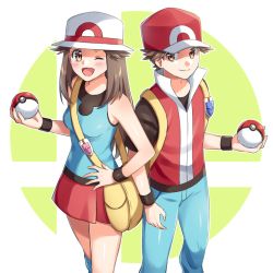 Rule 34 | 1boy, 1girl, ;d, bag, blue shirt, blush, breasts, brown eyes, brown hair, closed mouth, commentary request, creatures (company), eyelashes, game freak, hand on own hip, hat, holding, holding poke ball, leaf (pokemon), long hair, looking at viewer, messenger bag, nintendo, one eye closed, open mouth, pants, pleated skirt, poke ball, poke ball (basic), pokemon, pokemon frlg, red (pokemon), red headwear, red skirt, scbstella, shirt, short hair, short sleeves, shoulder bag, skirt, sleeveless, sleeveless jacket, sleeveless shirt, smile, super smash bros., super smash bros. logo, t-shirt, tongue, vs seeker, white headwear, wristband