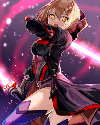 Rule 34 | 1girl, artoria pendragon (fate), blonde hair, dual wielding, fate/grand order, fate (series), hair between eyes, highres, holding, holding sword, holding weapon, hood, kyota07, looking at viewer, mysterious heroine x alter (fate), mysterious heroine x alter (third ascension) (fate), open mouth, orange eyes, purple thighhighs, short hair, solo, sword, thighhighs, weapon
