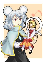 Rule 34 | 2girls, animal ears, ashiroku (miracle hinacle), blonde hair, capelet, closed eyes, dress, grey hair, hair ornament, highres, jewelry, long sleeves, mini person, minigirl, mouse ears, multiple girls, nazrin, open mouth, red eyes, short hair, sitting, sitting on hand, size difference, smile, tail, toramaru shou, touhou