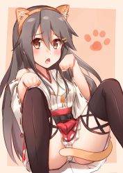 Rule 34 | 10s, 1girl, absurdres, animal ears, bad id, bad pixiv id, bare shoulders, black hair, blush, brown eyes, cat ears, cat tail, detached sleeves, hairband, haruna (kancolle), highres, japanese clothes, kantai collection, kapatarou, kemonomimi mode, long hair, nontraditional miko, open mouth, panties, paw pose, skirt, solo, tail, thighhighs, underwear