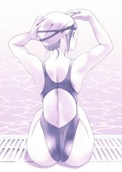 Rule 34 | 1girl, absurdres, ass, ass focus, commentary request, competition swimsuit, from behind, goggles, goggles on head, highleg, highleg swimsuit, highres, looking at viewer, looking back, macosee, monochrome, one-piece swimsuit, original, poolside, purple theme, sidelocks, sitting, solo, swim cap, swimsuit, water
