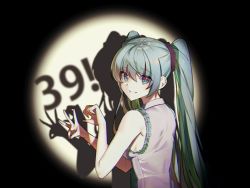 Rule 34 | 1girl, 39, armpit peek, breasts, collared shirt, commentary, from behind, grey shirt, hair behind ear, hair between eyes, hatsune miku, long hair, looking at viewer, looking back, oekaki (5ekaki), parted lips, shadow puppet, shirt, sideboob, sleeveless, sleeveless shirt, small breasts, smile, solo, twintails, vocaloid, w